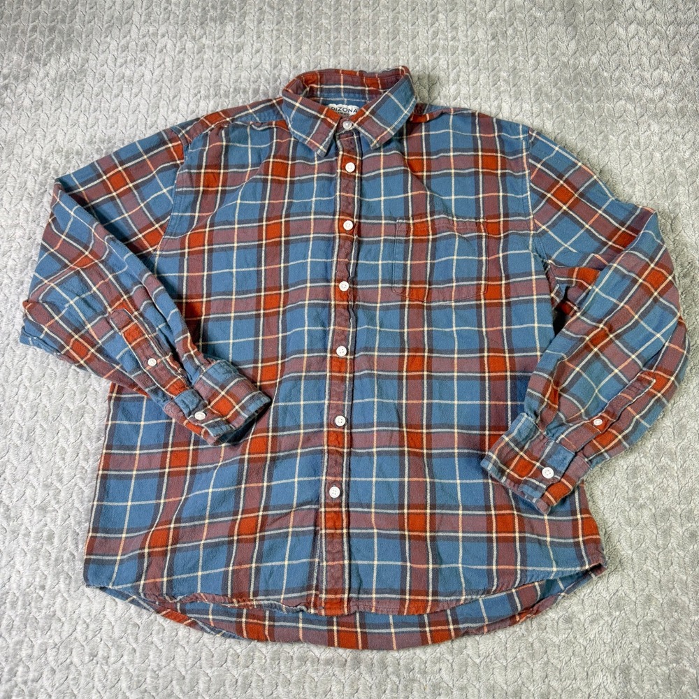 Arizona Jean Co Mens Flannel Shirt Medium Blue Orange Plaid Cotton Long Sleeve